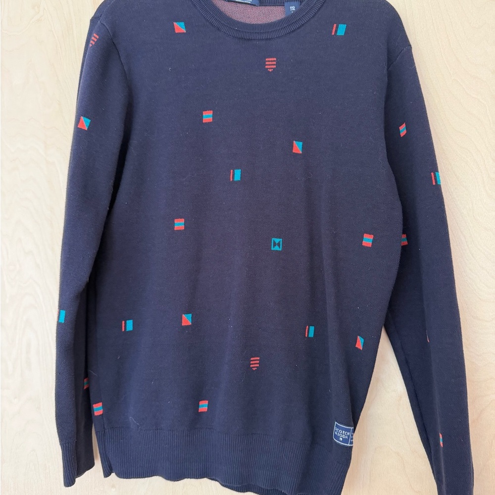 Scotch & Soda Navy Crewneck Sweater with Red and Teal Accents